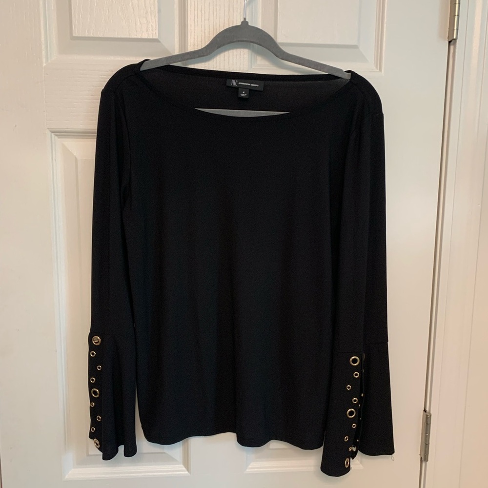 INC International Concepts Black Long Flare Sleeve Blouse with Rounded Neckline.
